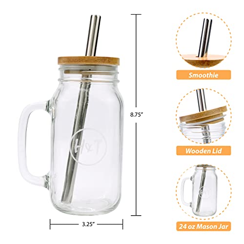 H&T Designs 4 Pack Mason Jar Cup/Mug With Handle And Bamboo Lid Stainless Steel Straw - 24 Oz Mason Jar Regular Mouth - Coffee/Smoothie/Drinking Glass #TOP4