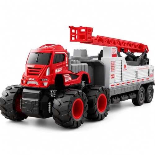 Image of Storio 1:43 4WD Fire Fighting Truck Toy | Friction Powered Engineering Vehicle for Kids | Miniature Fire Truck with Movable Ladder, Crane & Monster Wheels | Durable Car Toy