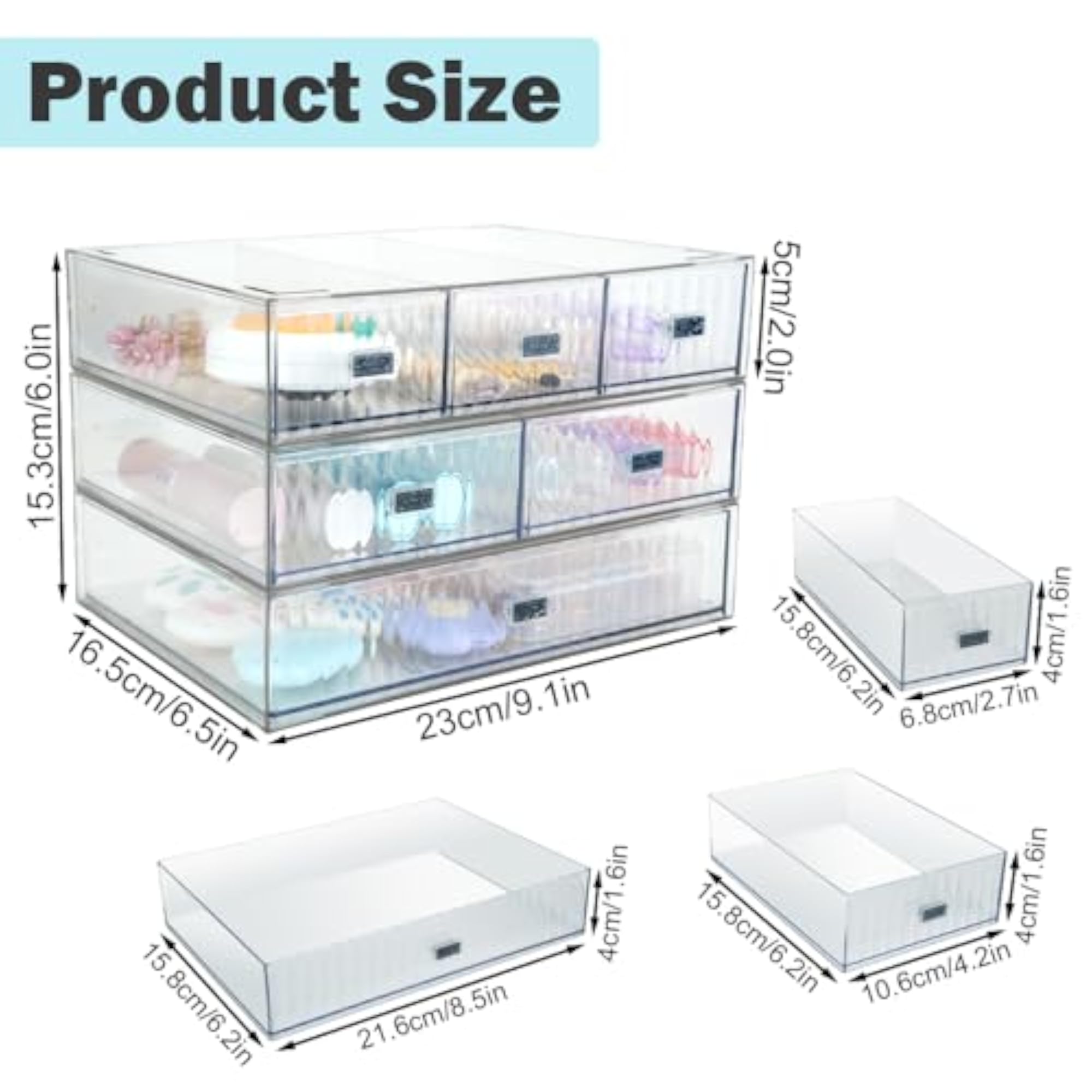 3PCS Clear Stackable Acrylic Drawer Organiser for Cosmetics