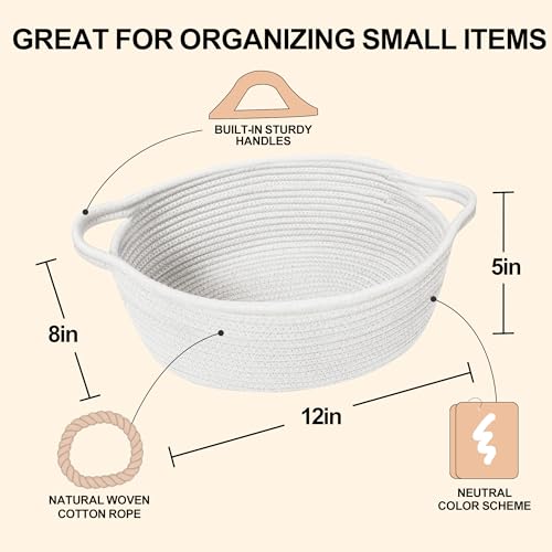 Image of Small Woven Gift Basket, Baskets for Gifts Empty, Cotton Rope Cat Dog Toy Bin Box, Nursery Baby Basket, Wicker Basket with Handles, Cute Storage Basket for Home Decor, White, 12 inchx 8 inchx 5 inch