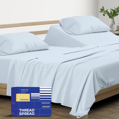 Image of THREAD SPREAD Split King Sheet Set, Luxury 1000 Series Paradise Collection 100% Egyptian Cotton Split King Sheets Sets for Adjustable Bed (5 PC, Light Blue), Soft, 16 inch Deep Pocket Hotel Sheets