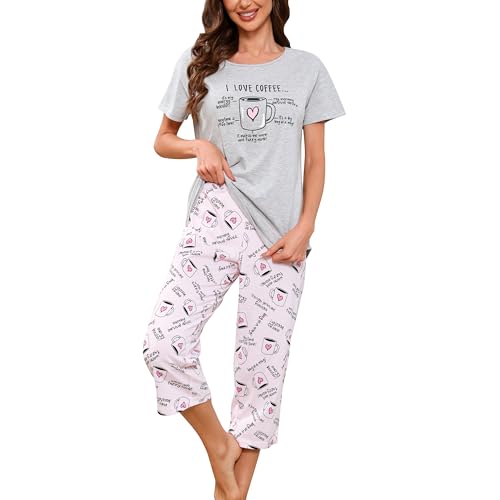 Image of PNAEONG Women Pajama Set Sleepwear Tops with Capri Pants Casual and Fun Prints Pajama Sets