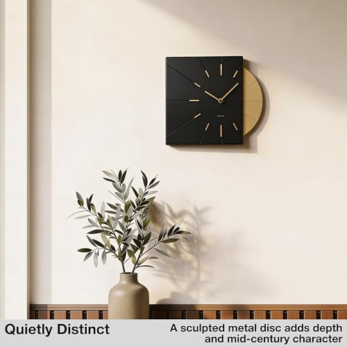 Image of Driini Black and Gold Mid Century Modern Wall Clock, Battery Operated | Square MCM face with a minimalist midcentury look. Contemporary decorative analog design for kitchen, office or living room