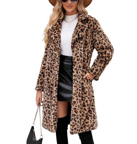 chouyatou Women's Open Front Leopard Print Faux Fur Long Trench