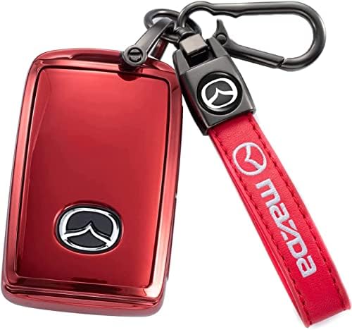 Smart Key Fob Case Cover Protector with Leather Key Holder Compatible with 2019-2022 Mazda 3, Mazda 3 Hatchback, for 2020-2021 Mazda CX-5, CX-30, CX-12 Key fob Cover Red（3-4-Button）