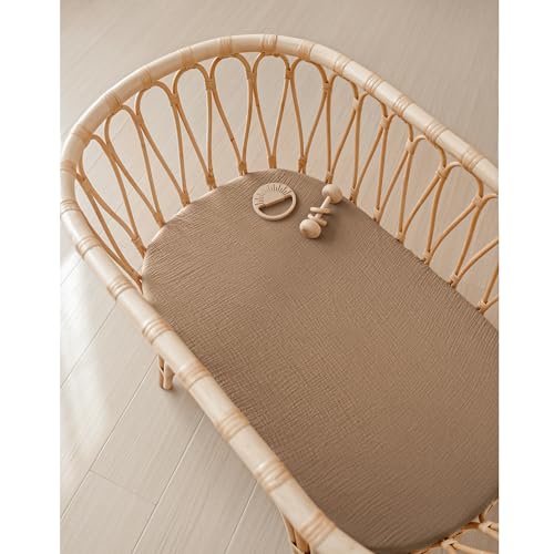 Image of Konssy 2 Pack Muslin Bassinet Sheets for Boys, Girls, 100% Cotton Soft Breathable Fitted Bassinet Mattress Sheet, 32 x 16 inches (Brown,Summer Wheat)