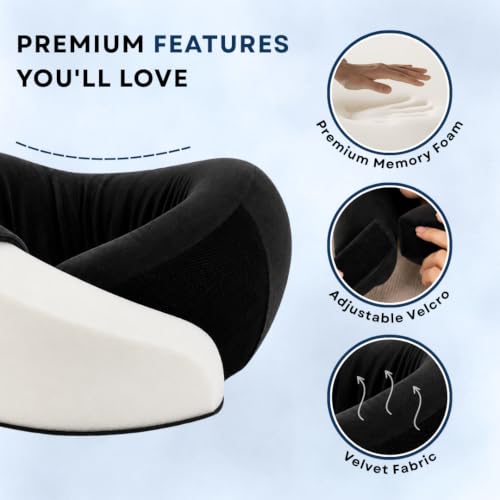 Image of Memory Foam 360 Travel Neck Pillow with Adjustable Velcro | 360 Neck & Head Support, Dual-Height Design, Adjustable Velcro, Velvet Fabric Cover, For Airplane, Car & Train