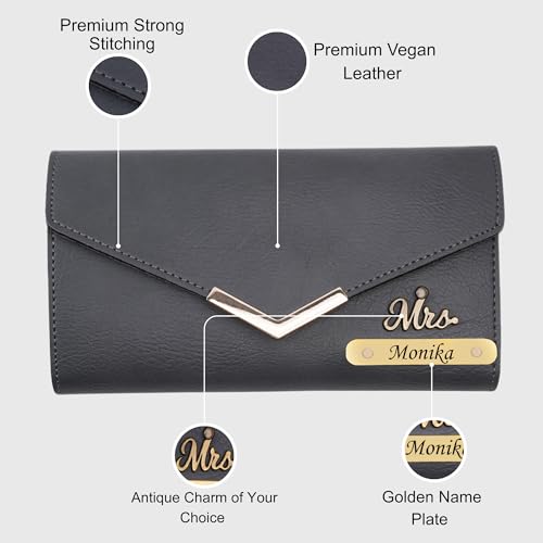 Image of WALLETKART Personalized Leather Women's Clutch with Name & Charm | Customized Clutch for Girlfriend Friend Wife Mother & Sister