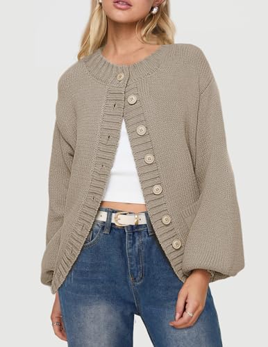 MEROKEETY Women's Fall Long Lantern Sleeve Cardigan Sweaters Casual Button Down Crewneck Open Front Coat2