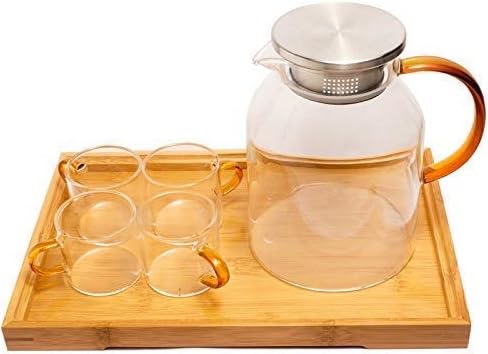 Red-Rubby Heat-Resistant Glass Tea Hot Water Bottle 1 Teapot with Wooden Lid, 4 Cups and 1 Tray