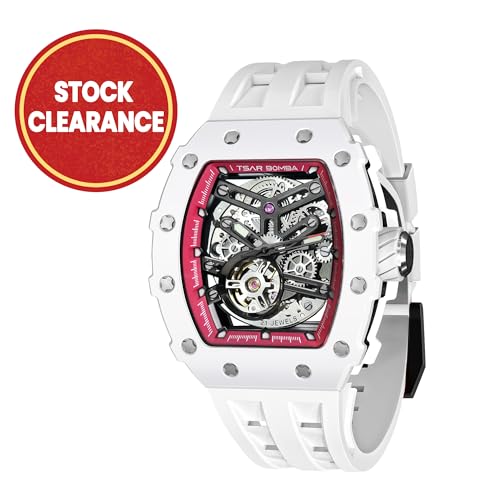 Image of TSAR BOMBA Men's Automatic Watch Tonneau Luxury Skeleton Watches for Men Mechanical 50M Waterproof Analogue Watches Mens Unique Cool Square Big Face Dial Wristwatch with Silicone Strap Band