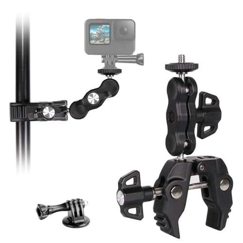 Image of BKN Metal Camera Clamp Handlebar Mount 360 Double Ballhead Magic Arm with 1 /4 inch-20 & 3 /8 inch-16 Thread for Monitor Hero, Insta 360, Canon Nikon DSLR Camera & Other Action Cameras