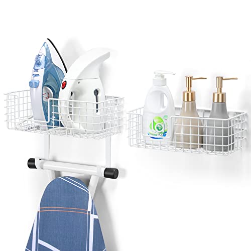Ironing Board Hanger Wall Mount Iron Holder With Shelf White Iron And Ironing Board Holder Laundry Room Iron Hanger Organizer Wall Mount Iron Board Storage Rack With Basket For Bathroom #TOP26