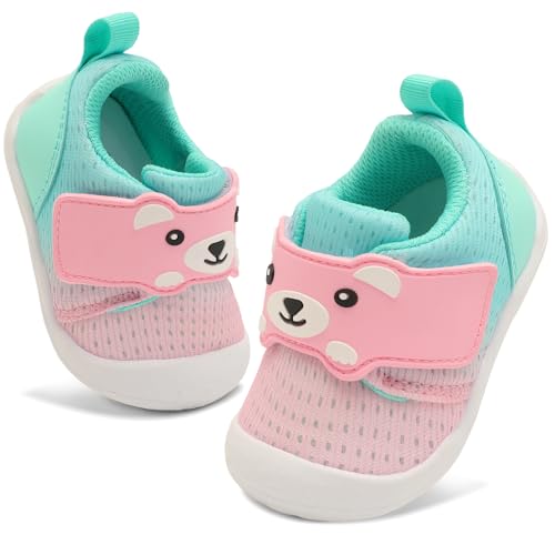 Feetcity Baby Walking Shoes Baby Sneakers Wide Infant Shoes Breathable Baby Slip On Shoes Newborn Crib Shoes 18-24 Months Pink Green cover