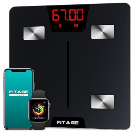 FITAGE Personenweegschaal Digitaal - Testsieger, Slimme Weegschaal tot 180 kg, Lichaamsanalyse met 17 lichaamsmetingen, Lichaamsvetweegschaal met App, 28 x 28cm, Zwart