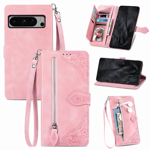 Étui Google Pixel 6A rose avec portefeuille en cuir à rabat magnétique et sangle de transport