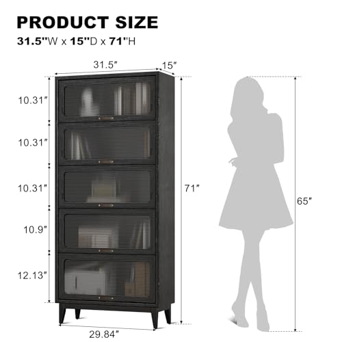 Image of 71'H Solid Wood Bookcase 5 black Book case with Glass Doors,Wooden Pantry Cabinet for Kitchen,Book Case Storage Shelves for Collectibles, Living Room Bedroom Home Office(black, 72 inchH*31.5'W*15'D)