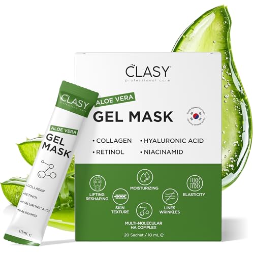 Clasy Care Aloe Vera Face Mask Sachets (20 Count) – Hydrating Gel Mask with Retinol, Collagen & Niacinamide – Soothing After-Sun Relief & Anti-Aging Moisturizer – Travel Size for All Skin Types
