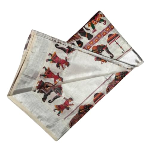 Image of Women's Kerala Kasavu Golden Gold Tissue Saree with Running Blouse Piece | Kerala Onam Saree with Tissue Mural Painted (Saree 5.5 meter, Blouse Piece 0.8 meter)
