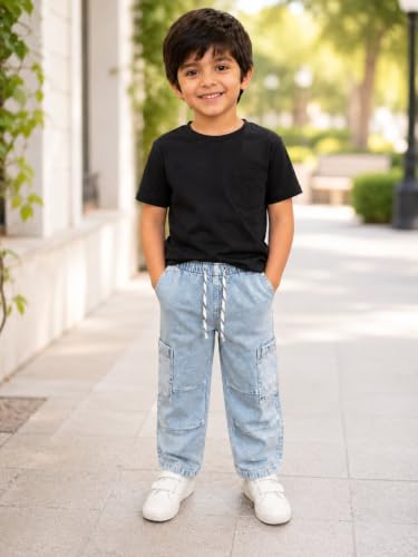 Image of DENRO Kids Boys 100% Cotton Denim Cargo Jeans | Straight Fit Mid-Rise Casual Pants | Elastic Waist Pull-On Jeans with Drawstring & 5 Pockets | Blue