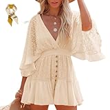 MENGGSM Women's Lace Crochet Romper Dress,Batwing Sleeve Backless Ruffle Dresses,Buttons Down Swing Beach Dress (US, Alpha, Small, Regular, Regular, Apricot)