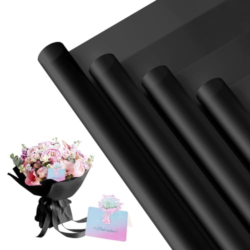 REAXYZNN 20 Sheets Flower Wrapping Paper Waterproof Floral Wrapping Paper with Cards for DIY Craft Florist Packaging Supplies for Birthday Wedding Gift (Black)