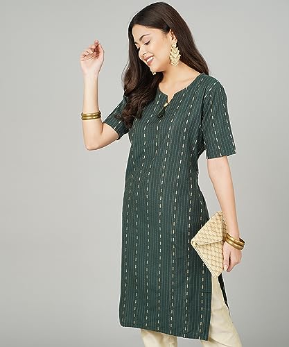 Image of Cotton Dobby Woven Design V- Neck Elbow Sleeves Knee Length Kurta for Women's