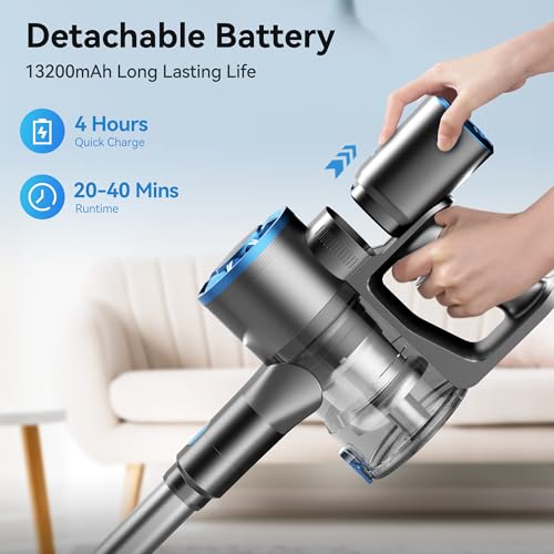 Vazone Cordless Vacuum Cleaner, Lightweight Stick Vacuum Cleaner with Self-Standing, Rechargeable Battery and LED Display, Vacuum Cleaners for Home Hardwood Floor-Blue