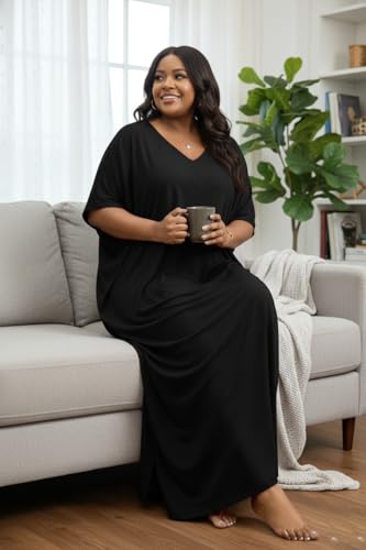 Image of Runwind Plus Size Maxi Dress for Women Short Sleeve V Neck Casual Long Dresses with Pockets