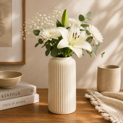 Beyond Homes Ceramic Flower Vase for Living Room, Off-White Ribbe...