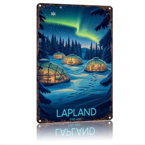 Vintage Aluminum Sign 12x8 Northern Lights Igloo Lappland