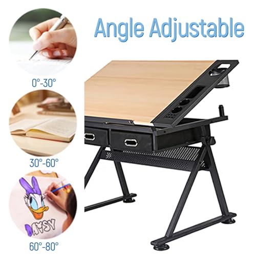 Wooden Drawing Desk with Stool Art Craft Table, Adjustable Height(26.8