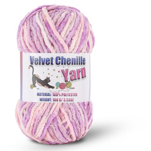 Image of Fluffy Chenille Yarn for Crocheting, Chunky Velvet Yarn for Crochet Amigurumi, Used for Making Baby Yarns Blanket, Clothes, Pattern Knitting Creations (1-Pastel Purple)