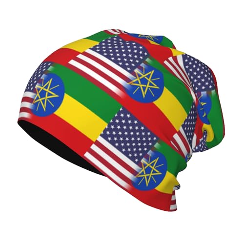 American Flag and Ethiopian Flag Kids Leisure Elastic Knitted Hat Junior Large Size Knit Cap Child Beanie Black