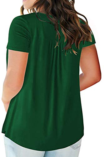VISLILY Women's Plus Size Tee Shirt Short Sleeve Pleated Henley Tunic Tops Dark Green 26W