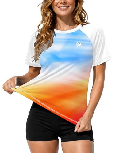Image of AOBUTE Women Short Sleeve Rash Guard Gradient Sun Protection Swim Shirts
