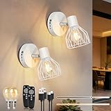 Kimjo E14 Aplique Pared Interior con Bombilla Regulable, Blanco Lámpara de Pared Recargable, USB Luz de Pared Inalámbrica con Mando a Distancia para Dormitorios Salones Escaleras, 2 Piezas