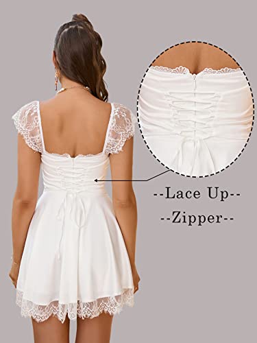 EYNMIN Women's Satin Lace Strap Mini Dress Square Neck Flowy A-Line Ruffle Swing Casual Short Dresses2