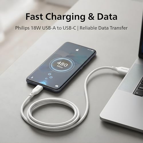 Image of PHILIPS DLC4150AW /94 18W Type-A to Type-C Fast Charging Cable (1.5m, Bright White) | Nylon Braided | Compatible with iPhone 15+ Series, USB-C iPad Models, Samsung Galaxy & All Type C Devices