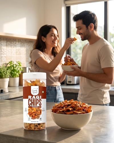 Image of Ragi Chips Tandoori Flavor | Healthy Millet Chips | Crunchy Baked Gluten Free Snack | High Fiber & Low Cholesterol Finger Millet Chips | Calcium Rich Indian Spicy Snacks | No Added Preservatives | 150g