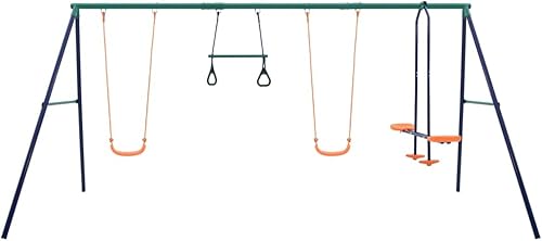 Miniatura 2 de Juego de columpios para niños con anillos de gimnasia y 4 asientos, juego de deslizadores de metal con marco de acero y 2 asientos de columpio con 1