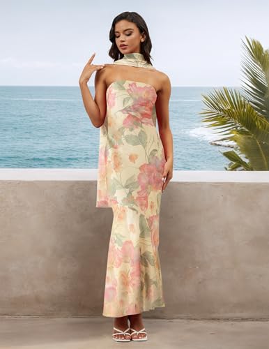 Image of calbatic Women Floral Tube Maxi Dress Strapless Ruffle Hem Long Bodycon Vacation Summer Halter Dress with Scarf Medium Yellow
