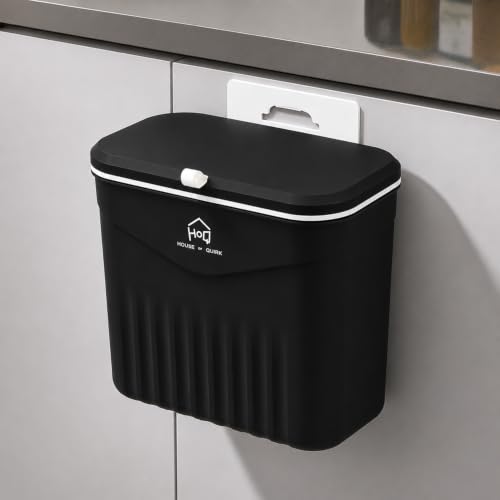 Image of House of Quirk 7L Hanging Kitchen Trash Can with Lid, Wall Mounted & Cabinet Door Waste Bin, Double-Sided Opening (Carbon Black)