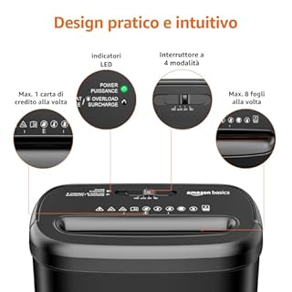 Amazon Basics Distruggidocumenti a Taglio Trasversale da 8 Fogli per Carta e Carte di Credito, 8 Fogli (Nuovo Modello, Nero)