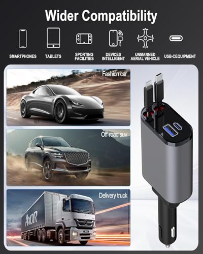 Image of Sevenaire Retractable Car Charger, 69W Super Fast Car Charger with Cables, Type C & USB-A Ports, USB-C & L Retractable Cables (80cm),Compatible with iPhones,iPad, & Type C Android Phones