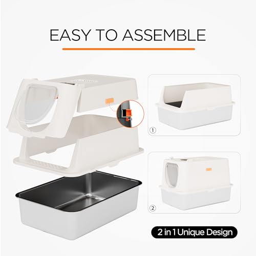 XL scatola di lettiera per gatti in acciaio inossidabile chiusa, 61x41x39cm XXL dimensioni con coperchio, vassoio rimovibile e scoop, controllo dell'odore per grandi gatti, facile pulizia base antiade