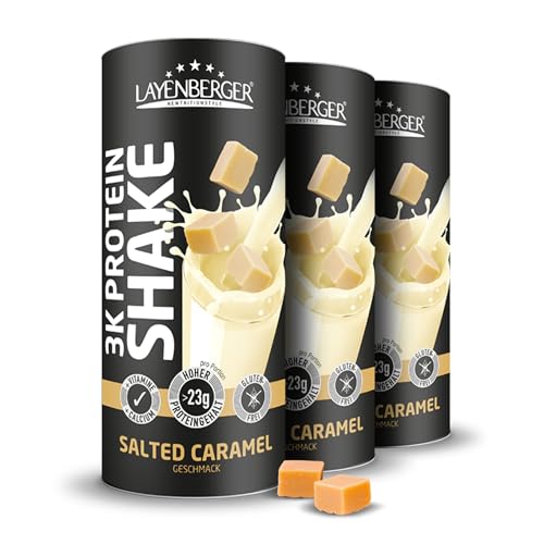 Layenberger 3K Protein Shake – 77% Eiweiß und nur 5,7% Kohlenhydrate bei 11,5 g Zucker, (3x 360 g) – Salted Caramel