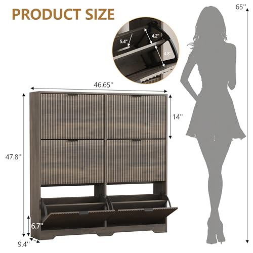 Image of HUANLEGO Shoe Cabinet Storage for Entryway with 6 Flip Drawers, Grey Fluted Shoe Cabinet with Adjustable Shelves, Wooden Hidden Shoe Rack Freestanding Narrow Slim Shoes Storage for Hallway, Entrance