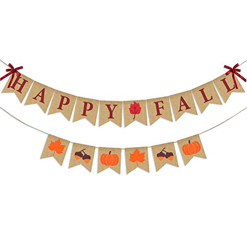 Thanksgiving Fall Decorations, Happy Fall Burlap Banner and Autumn Pumpkins Maple Leaves Acorn Garlands Bunting, Mantel Fireplace Decor
