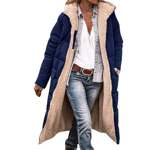 Ymbekr Sherpa Fleece Lined Quilted Coats For Women Plus Szie Hooded Warm Winter Long Puffer Jackets Fashion Zip Up Outwear (A-Navy, XXXL)